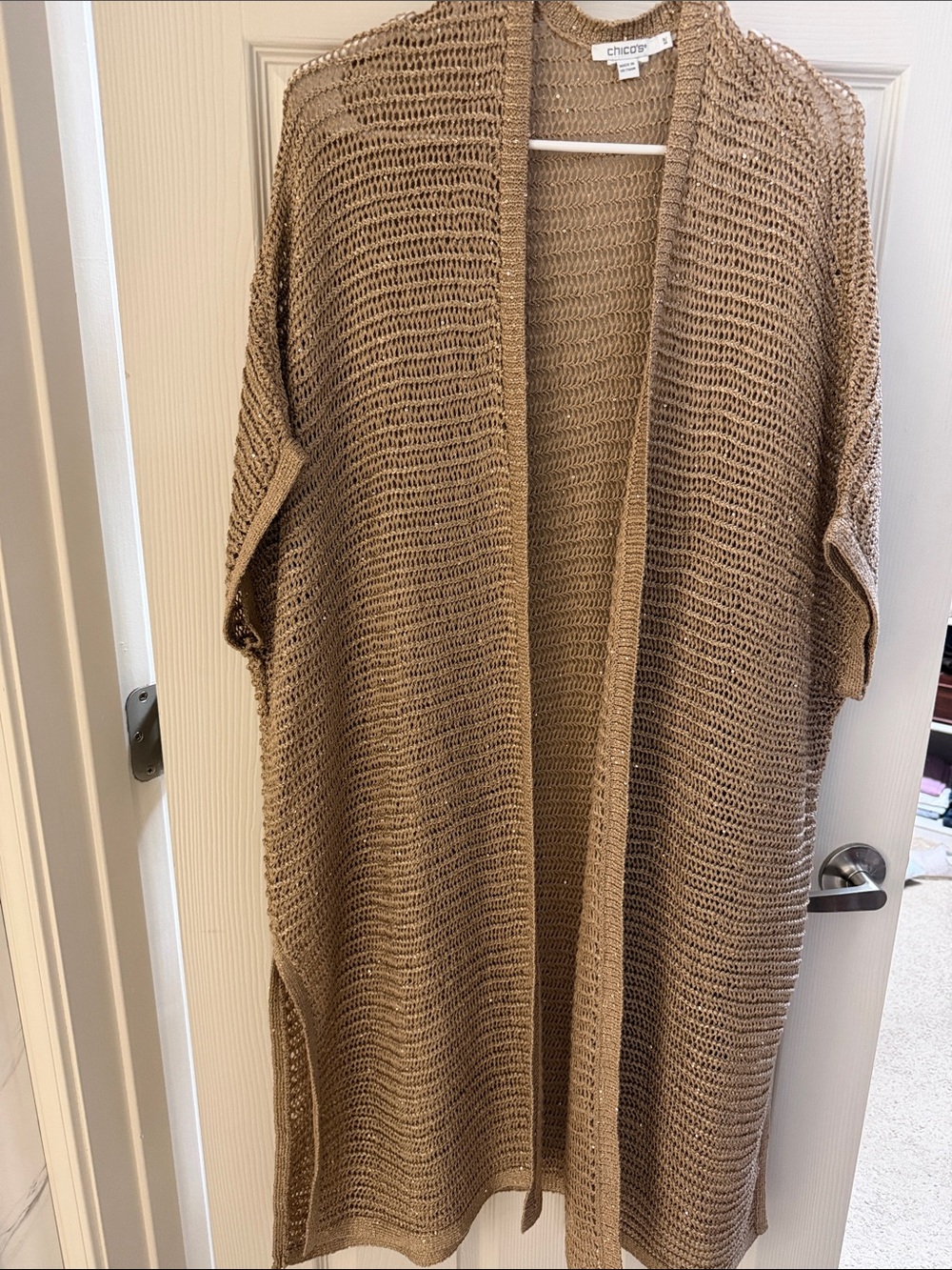 Chico's Open-Knit Long Cardigan in Light Brown/Gold S/M NWOT
